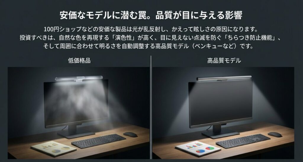 安価なライトの乱反射と、BenQなどの高品質モデルの自動調光・演色性の違い