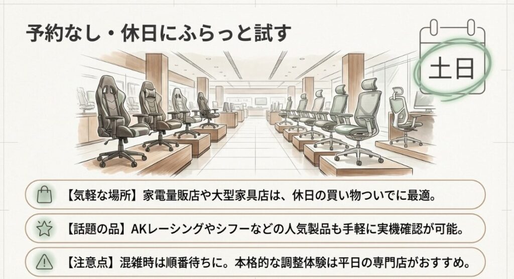 家電量販店や大型家具店で、休日に気軽に製品を確認する際のイメージ