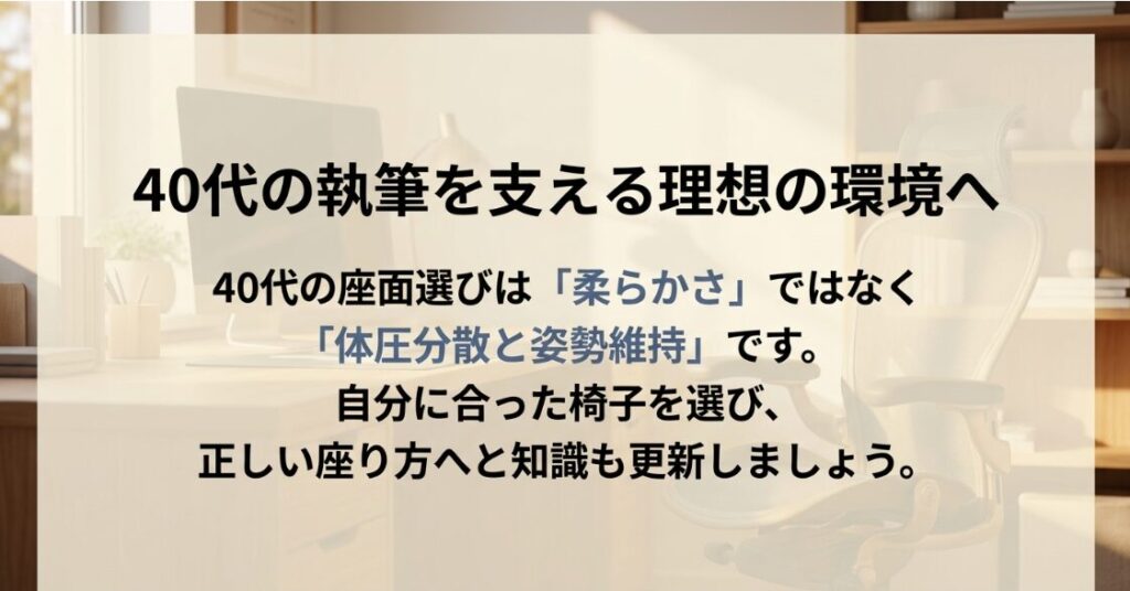 40代の座面選びは体圧分散と姿勢維持が重要であること、そして正しい座り方への知識更新を促すまとめスライド