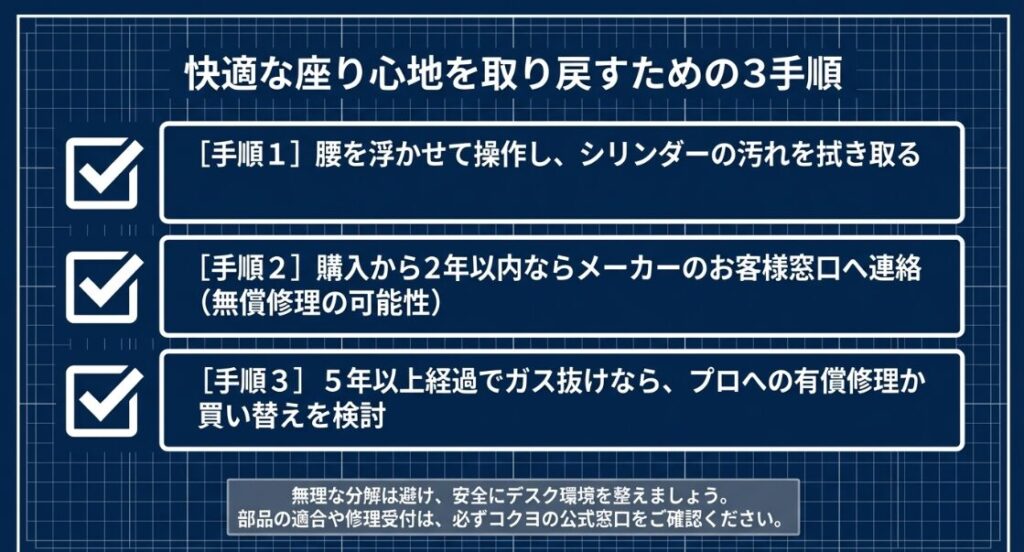 操作確認・清掃、保証確認、有償修理・買い替え検討の3つの解決ステップ