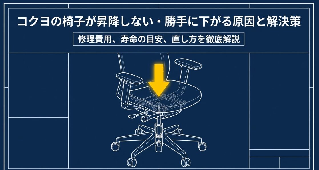 コクヨ製オフィスチェアのガスシリンダー位置と全体構造のイラスト