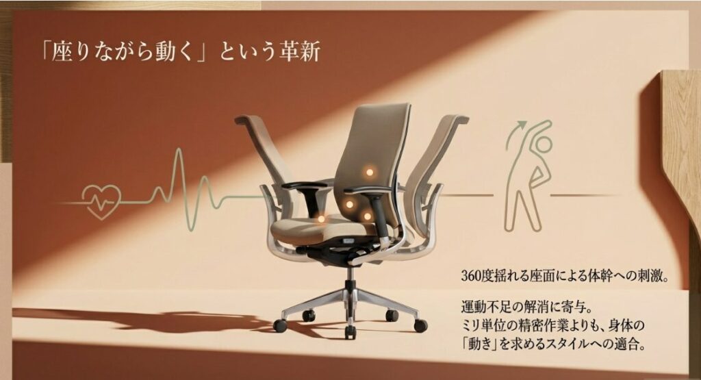 コクヨingの座面が揺れる仕組みと、運動不足解消や体幹への刺激、精密作業への適合性についてまとめた解説画像