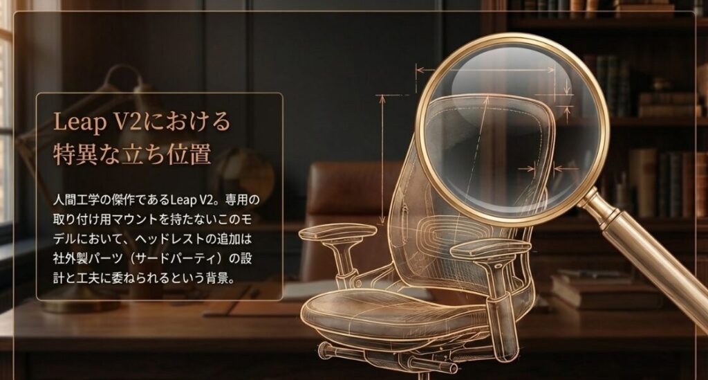 Leap V2は専用マウントを持たないため、ヘッドレスト追加は社外製パーツの設計に委ねられるという背景の説明。