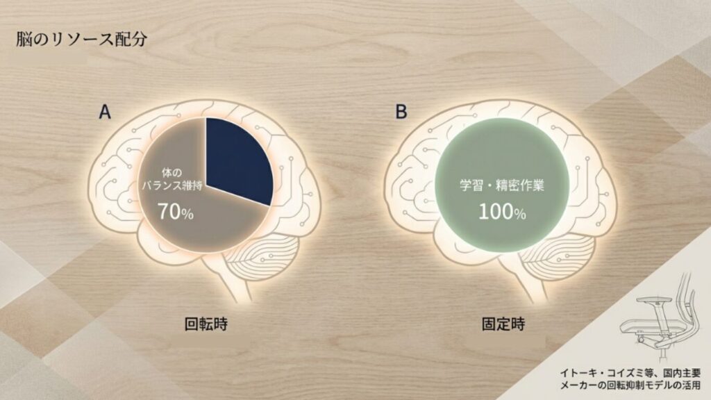 椅子が回転すると脳の70%がバランス維持に使われるが、固定すると100%学習に集中できることを示す図解