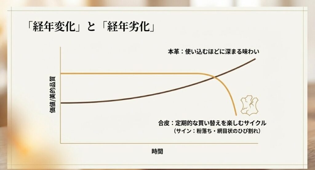 本革の味わい深い経年変化と、合皮の買い替えを前提とした経年劣化の違いを示すグラフ