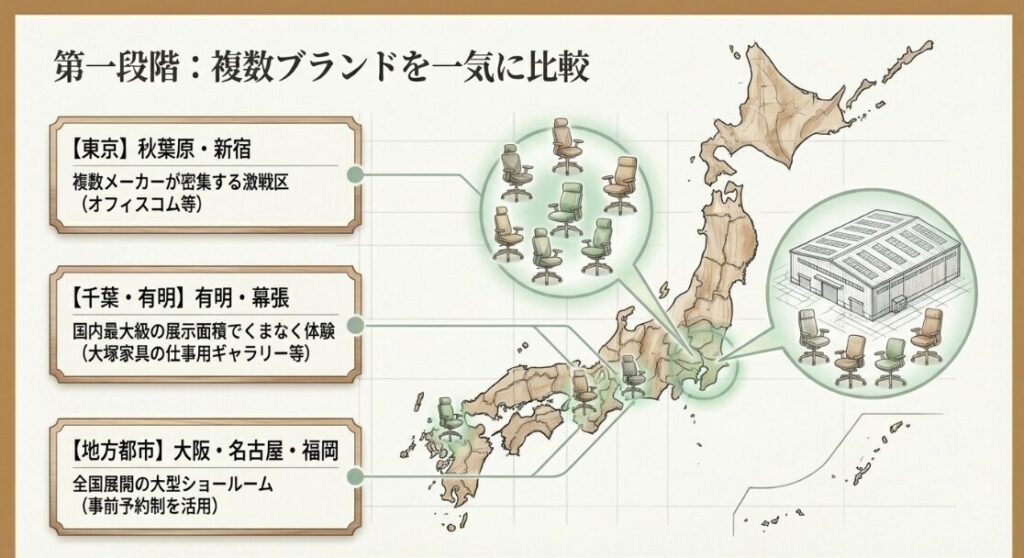 東京、千葉、有明、および地方主要都市のショールーム激戦区マップ