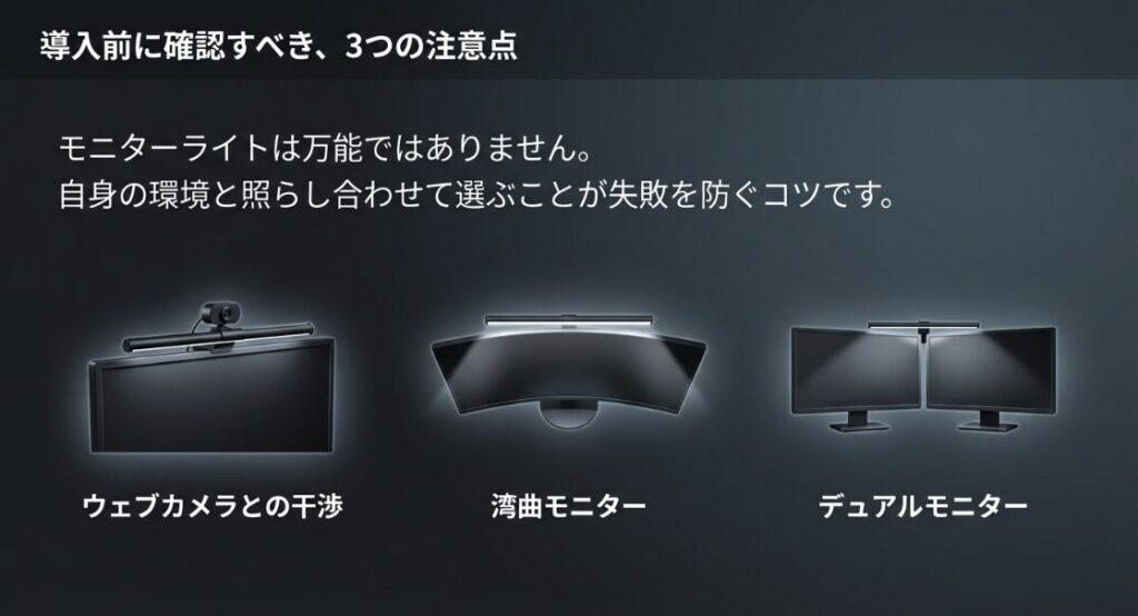 Webカメラとの干渉、湾曲モニター、デュアルモニター環境での設置に関する注意点