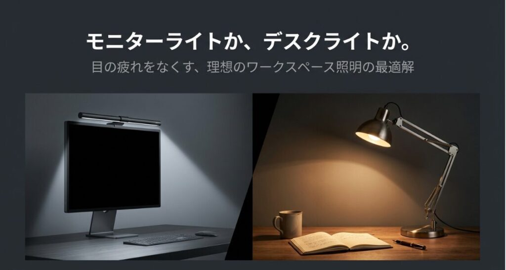 デスク上に設置されたモニターライトとアーム式デスクライトの比較画像