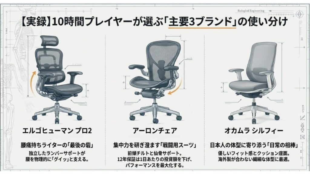 エルゴヒューマン プロ2、アーロンチェア、オカムラ シルフィーの3つの高機能オフィスチェアを、腰痛対策、集中力、フィット感の観点から比較した実録図解。