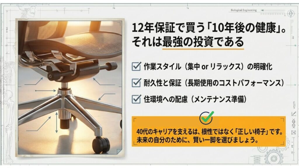 「12年保証で買う10年後の健康」をテーマに、作業スタイルの明確化、耐久性と保証の確認、住環境への配慮をまとめた最終チェックリスト。