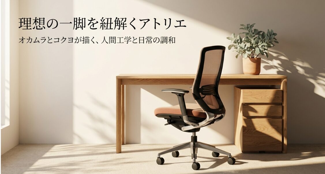オカムラとコクヨのロゴと、理想の一脚を紐解くアトリエというタイトルが書かれたメインビジュアル画像