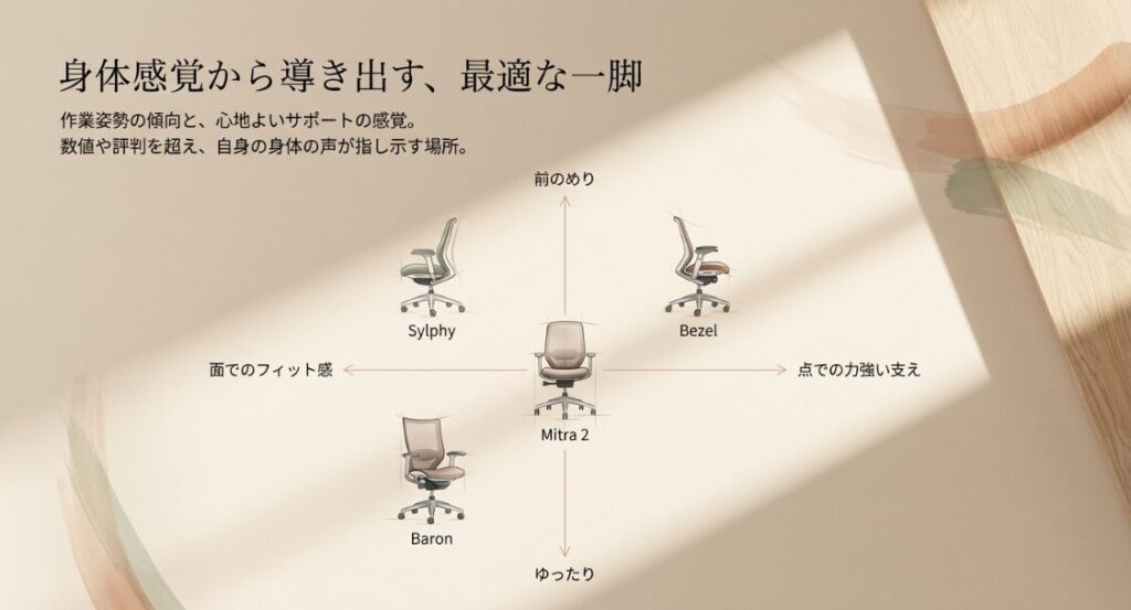 前のめり・ゆったりといった作業姿勢と、面・点どちらのサポートが好きかで選ぶべきモデルを分類した最終診断スライド