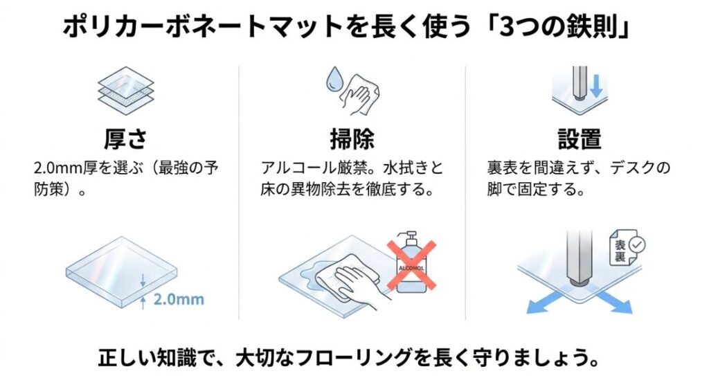 2.0mm厚の選定、アルコール厳禁、正しい設置と固定という3つの重要ポイントのまとめ