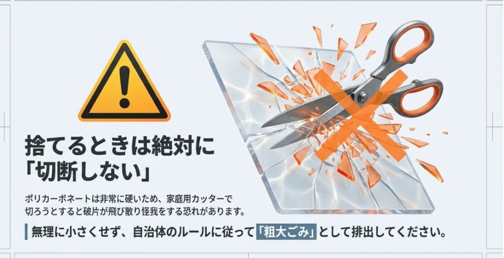 切断すると破片が飛散して危険なため、そのまま粗大ごみとして出すことを促す警告スライド