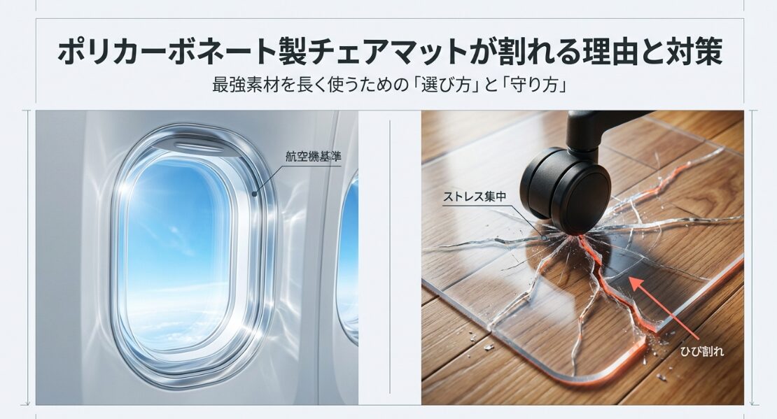 ポリカーボネート製チェアマットが割れる理由と対策を解説するスライドのタイトル画面