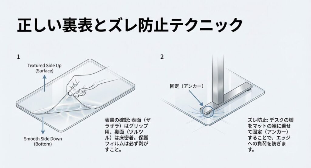 マットのザラザラ面を上にし、デスクの脚で端を固定してズレを防ぐテクニックの図解