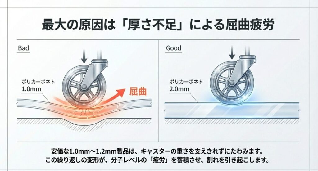 1.0mm厚のマットがキャスターの重みでたわみ、2.0mm厚では荷重が分散されてたわまない様子を比較したイラスト