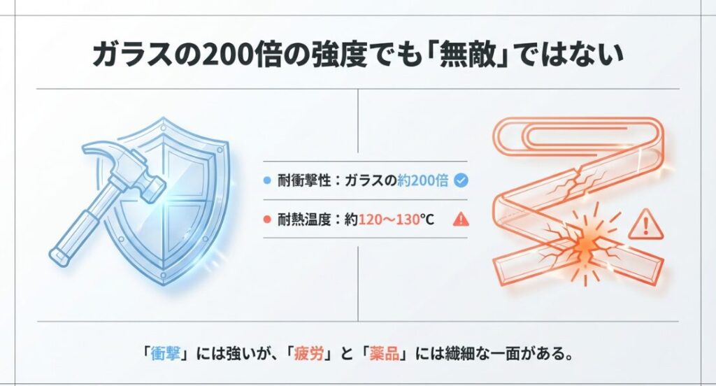 ポリカーボネートがガラスの約200倍の強度を持ち、耐熱温度が120〜130度であることを示す図解