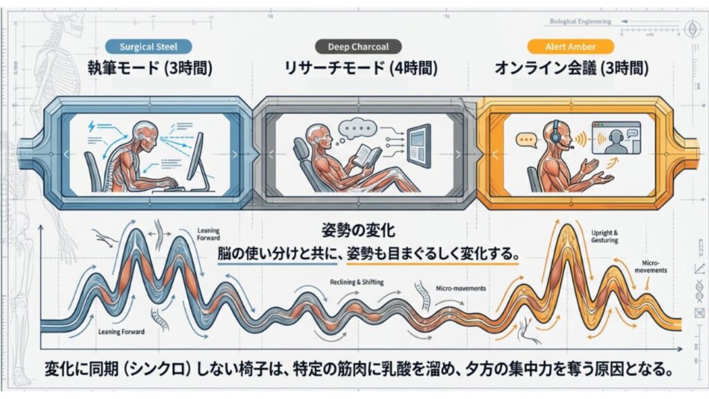 10時間のデスクワークにおける執筆モード、リサーチモード、オンライン会議ごとの姿勢の変化を波形グラフで表した図解。姿勢の変化に同期しない椅子は集中力を奪う原因になると解説。