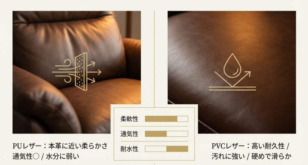 柔らかさと通気性のPUレザー、耐久性と耐水性のPVCレザーを比較した図解