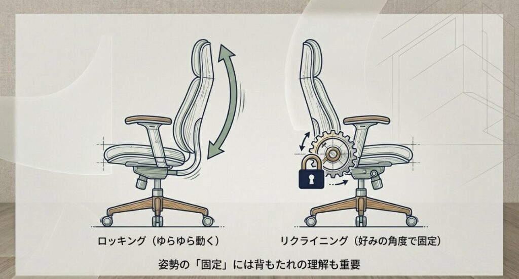 背もたれがゆらゆら動くロッキングと、好みの角度で姿勢を固定するリクライニングの機能比較