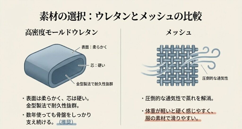 高密度モールドウレタンの耐久性とメッシュ素材の通気性を比較し、それぞれのメリット・デメリットをまとめたスライド