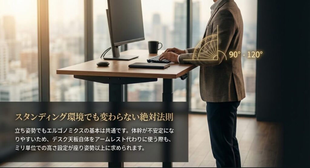 立ち姿勢でも肘の角度を90度から120度に保つ重要性を解説した、昇降デスク環境のエルゴノミクス図解。