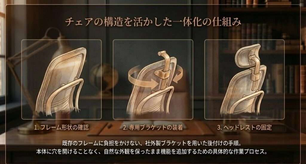 フレームに穴を開けず、専用ブラケットを用いてヘッドレストを固定する3つの手順(形状確認、装着、固定)のイラスト。