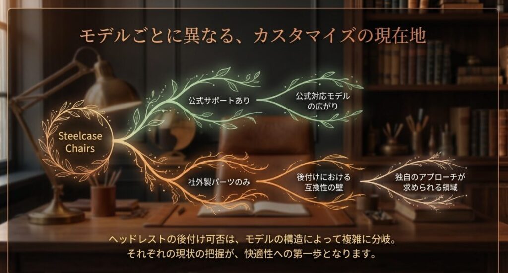 公式サポートの有無や、モデルの構造によって後付けの可否が複雑に分岐していることを示す図解