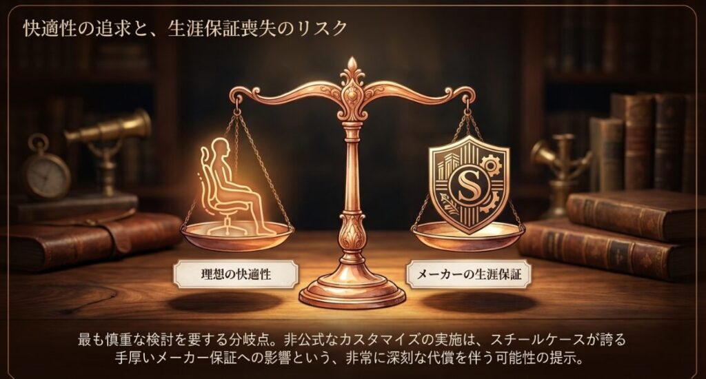 理想の快適性とメーカーの生涯保証を天秤にかけ、非公式カスタマイズのリスクを警告するイメージ図。