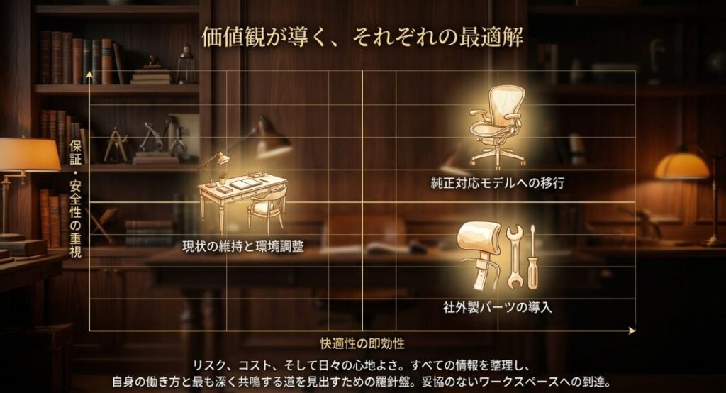保証重視、コスト重視、即効性重視など、自身の価値観に合わせた最適解を見出すためのロードマップ。