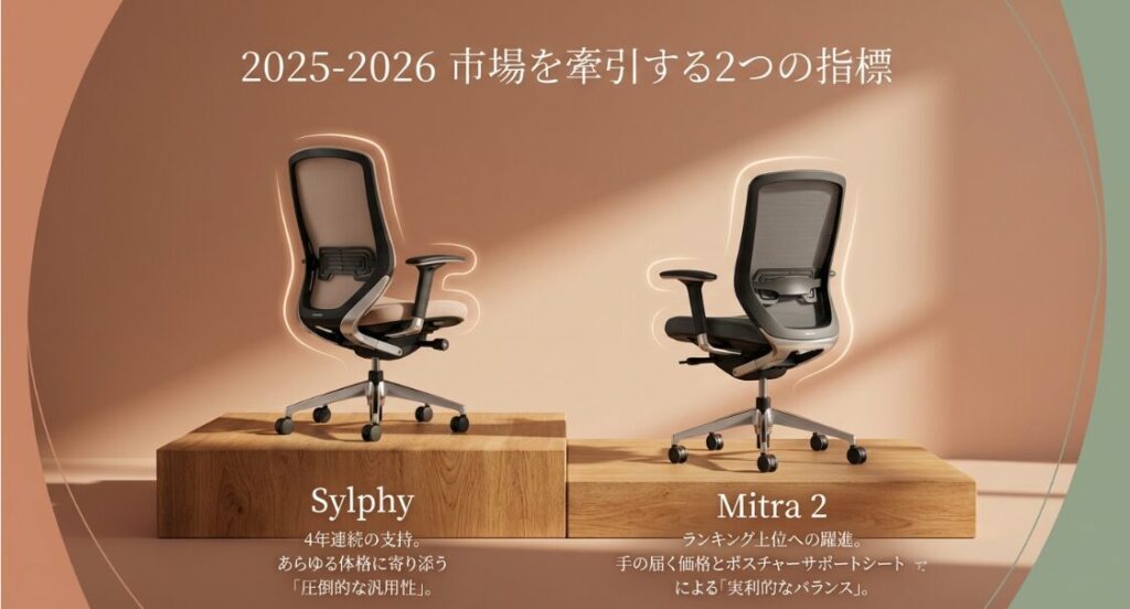 4年連続支持されるオカムラ・シルフィーと、実利的なバランスで躍進するコクヨ・ミトラ2の特徴をまとめた比較スライド