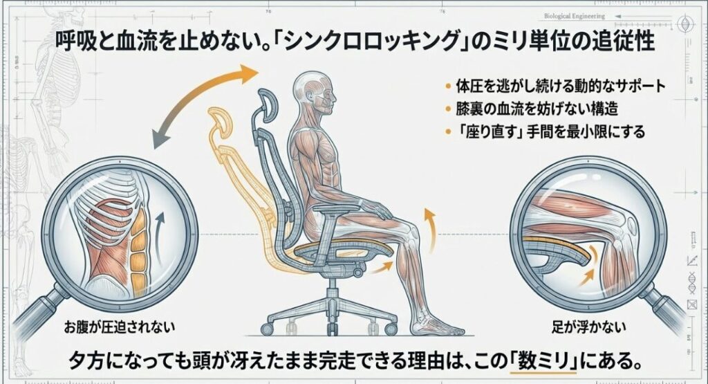 シンクロロッキングのメカニズムを示す図。背もたれを倒した際にお腹が圧迫されず、足が浮かず、膝裏の血流を妨げない構造をミリ単位の追従性として解説。