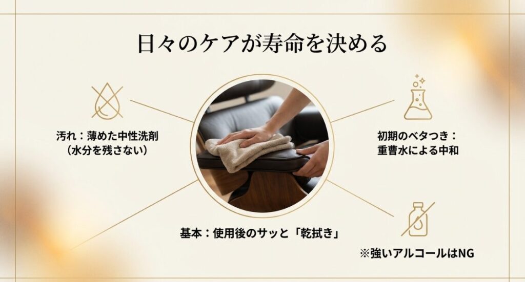 乾拭きを基本とし、中性洗剤や重曹水を用いたレザーチェアのメンテナンス方法