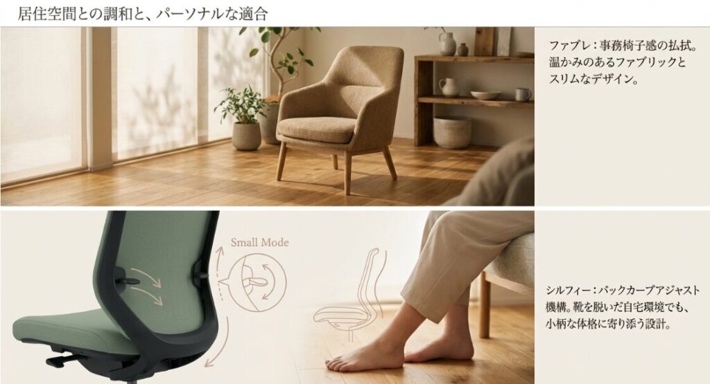 おしゃれなファブレのデザインと、シルフィーのバックカーブアジャスト（小柄モード）による自宅環境でのフィット感を示すスライド