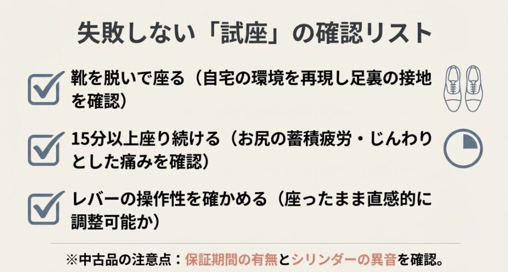 靴を脱ぐ、15分以上座る、レバー操作を確認するなど、店舗での試座時に確認すべき重要ポイントのリスト