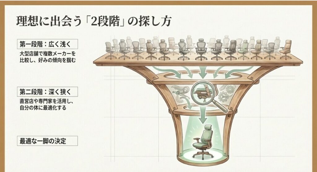 「広く浅く」探す第一段階と「深く狭く」試す第二段階の戦略ステップ図