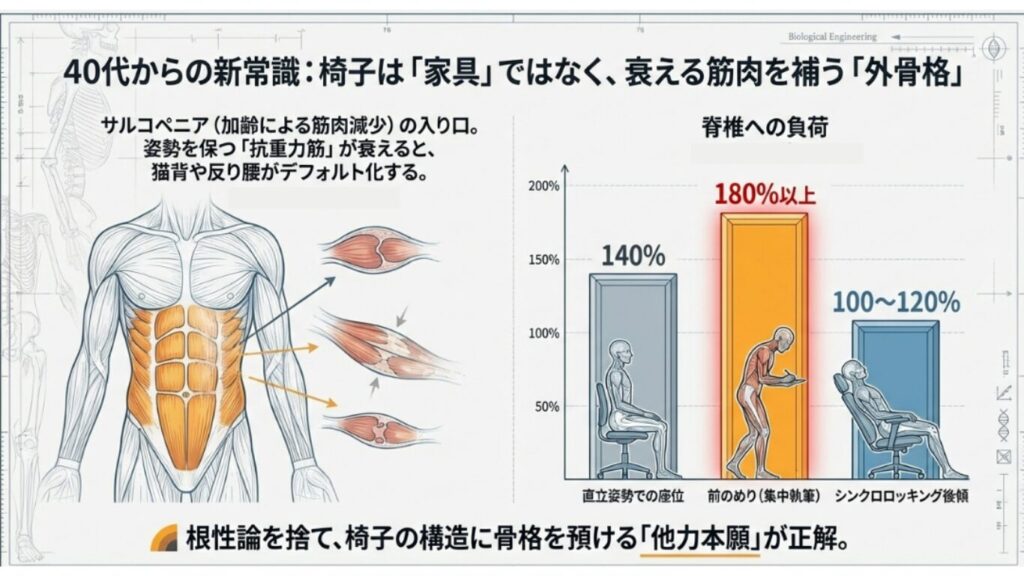 サルコペニア（加齢による筋肉減少）と抗重力筋の衰えを説明する人体解剖図。前のめりの姿勢が脊椎に180%以上の負荷をかけることを示す棒グラフ。