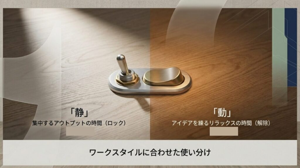 集中するアウトプット時間のロックと、アイデアを練るリラックス時間の解除を切り替えるスイッチのイメージ