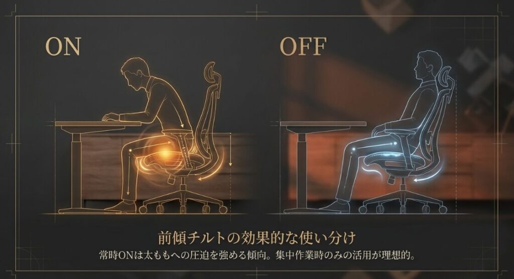 アーロンチェアの前傾チルトを集中作業時のみONにするメリットと、常時ONによる圧迫のリスクを説明する資料
