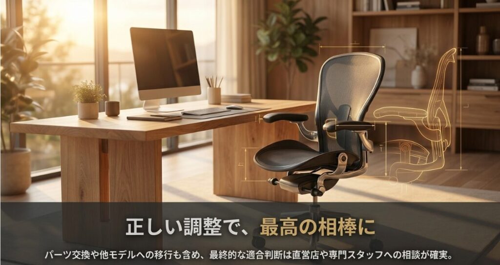 整ったワークスペースにおけるアーロンチェアと、専門スタッフへの相談を含めた最終的な適合判断の重要性