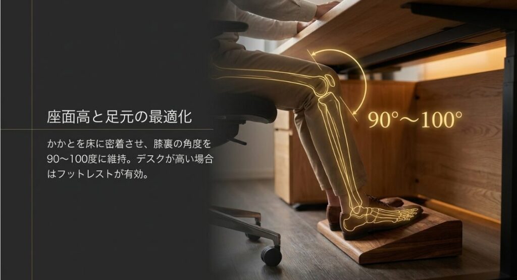 足裏を完全に接地させ、膝の角度を90度から100度に維持する正しい座面高の調整方法