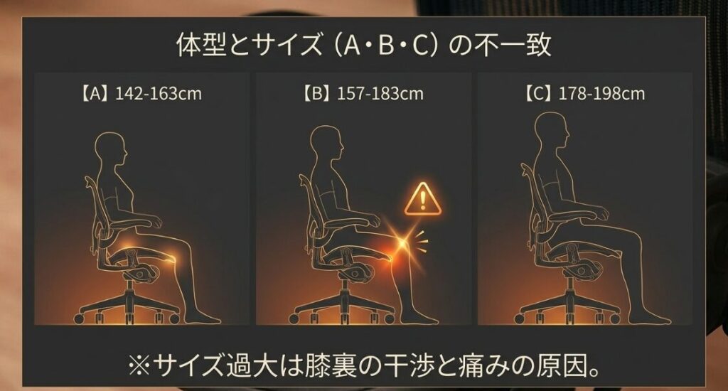 アーロンチェアのサイズA、B、Cごとの推奨身長と、サイズ過大による膝裏への干渉を説明する資料
