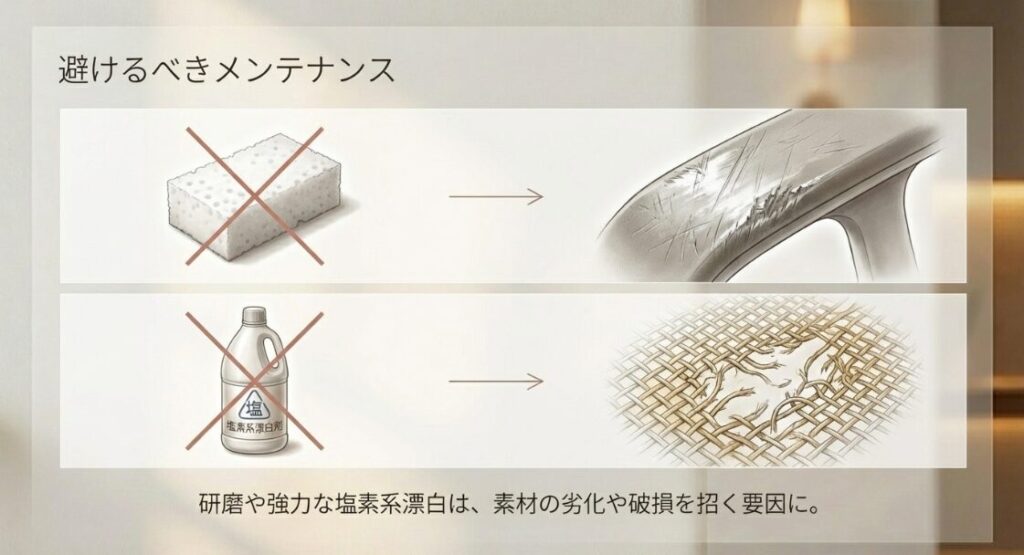 強力な塩素系漂白剤や研磨など、素材の劣化を招く行為への注意