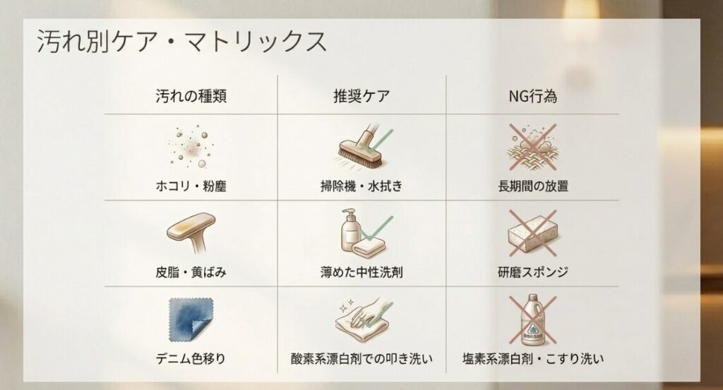 ホコリ、皮脂、色移り別の推奨ケアとNG行為のまとめ表
