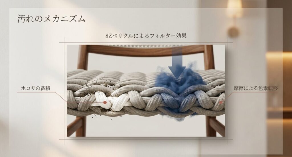 8Zペリクルのフィルター効果によるホコリの蓄積と色素転移の図解