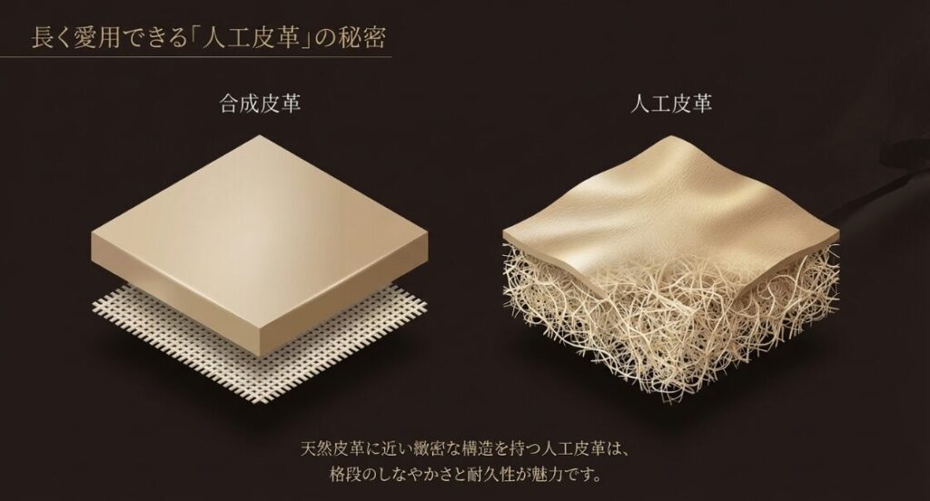 織物ベースの合成皮革と、特殊不織布を用いた天然皮革に近い構造を持つ人工皮革の断面比較図