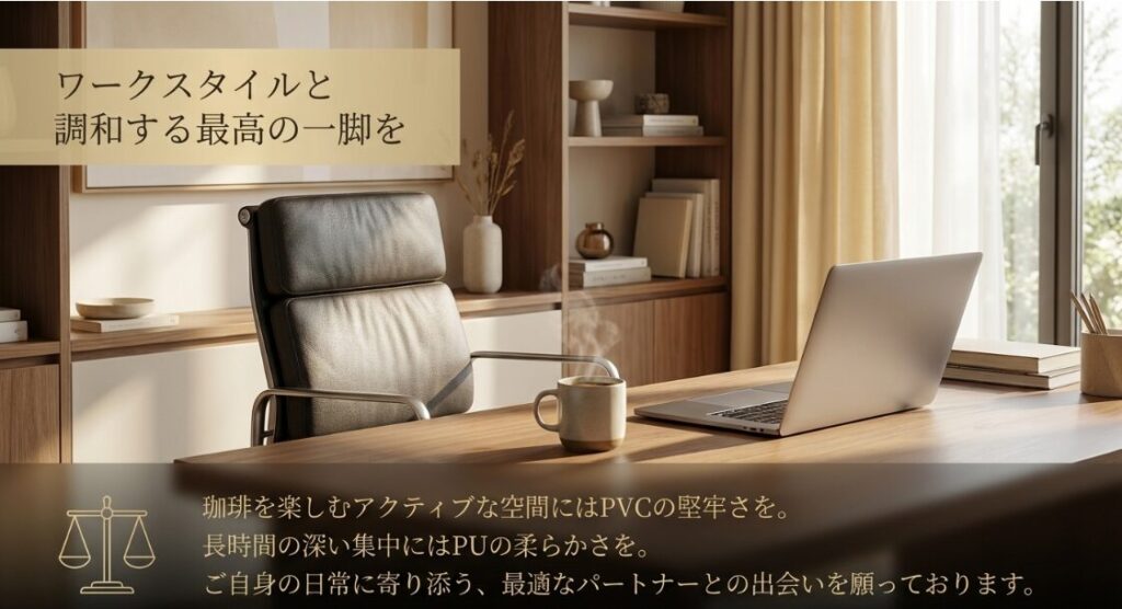 アクティブな空間にはPVCの堅牢さを、深い集中にはPUの柔らかさを推奨する素材選びのまとめ