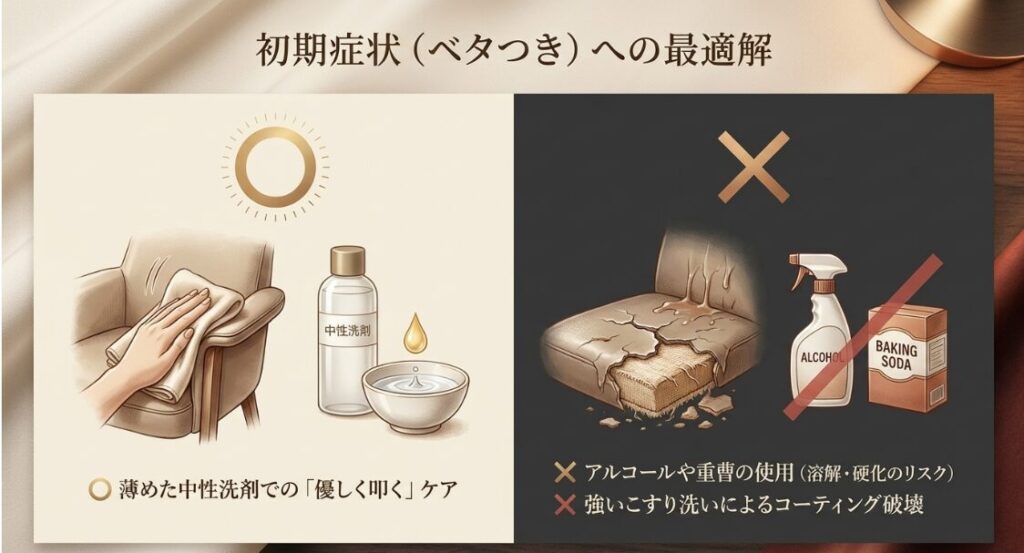 中性洗剤での優しいケアを推奨し、アルコールや重曹による溶解・硬化リスクを警告する比較図。