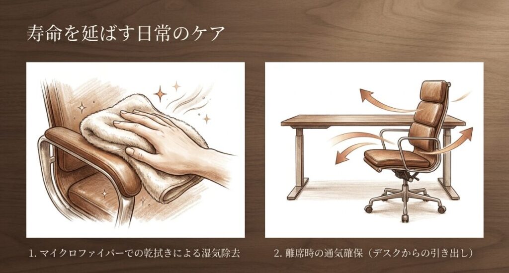 マイクロファイバーでの乾拭きと、離席時の通気確保（チェアをデスクから引き出す）を解説するイラスト。